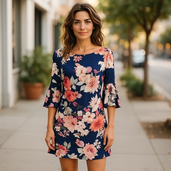 ELIZA J PINK& BLUE FLORAL SPECIAL OCCASION BELL SLEEVE CASUAL SUMMER DRESS SZ 6 - Picture 10 of 10